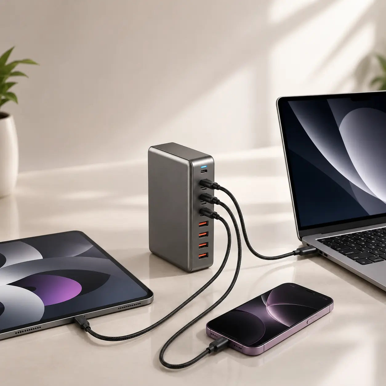 Multi-device desktop charging station for phones, tablets and laptops