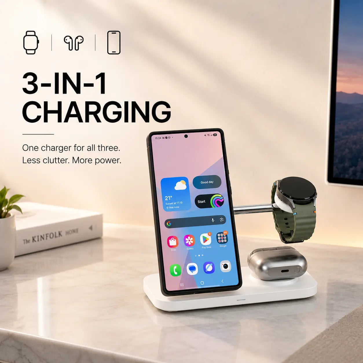 Qi2 wireless charging station for Samsung Galaxy phone watch and earbuds