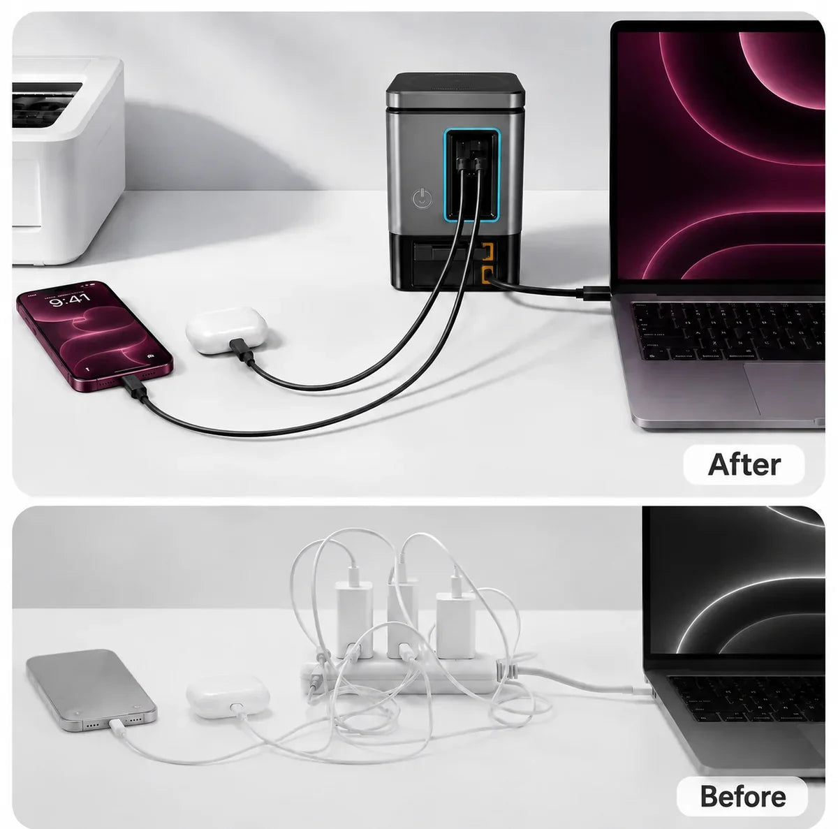 MagSafe wireless charging tower with USB-C and USB-A fast charging.