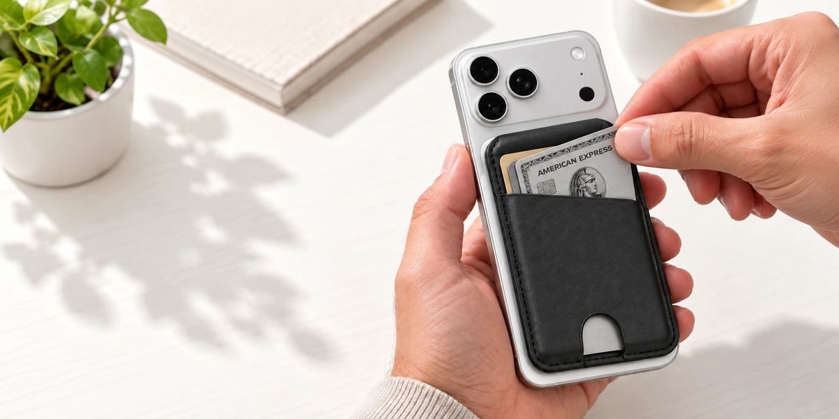 A hand taking a premium silver card from a black folding phone wallet.