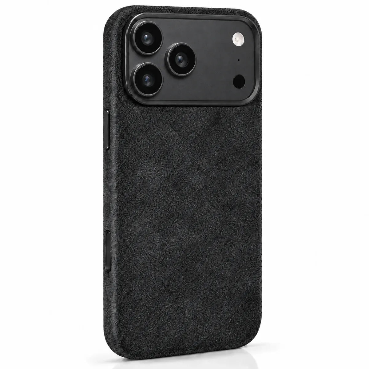 Black fabric phone case in a slightly angled rear view, showing the side controls. #color_Midnight Black