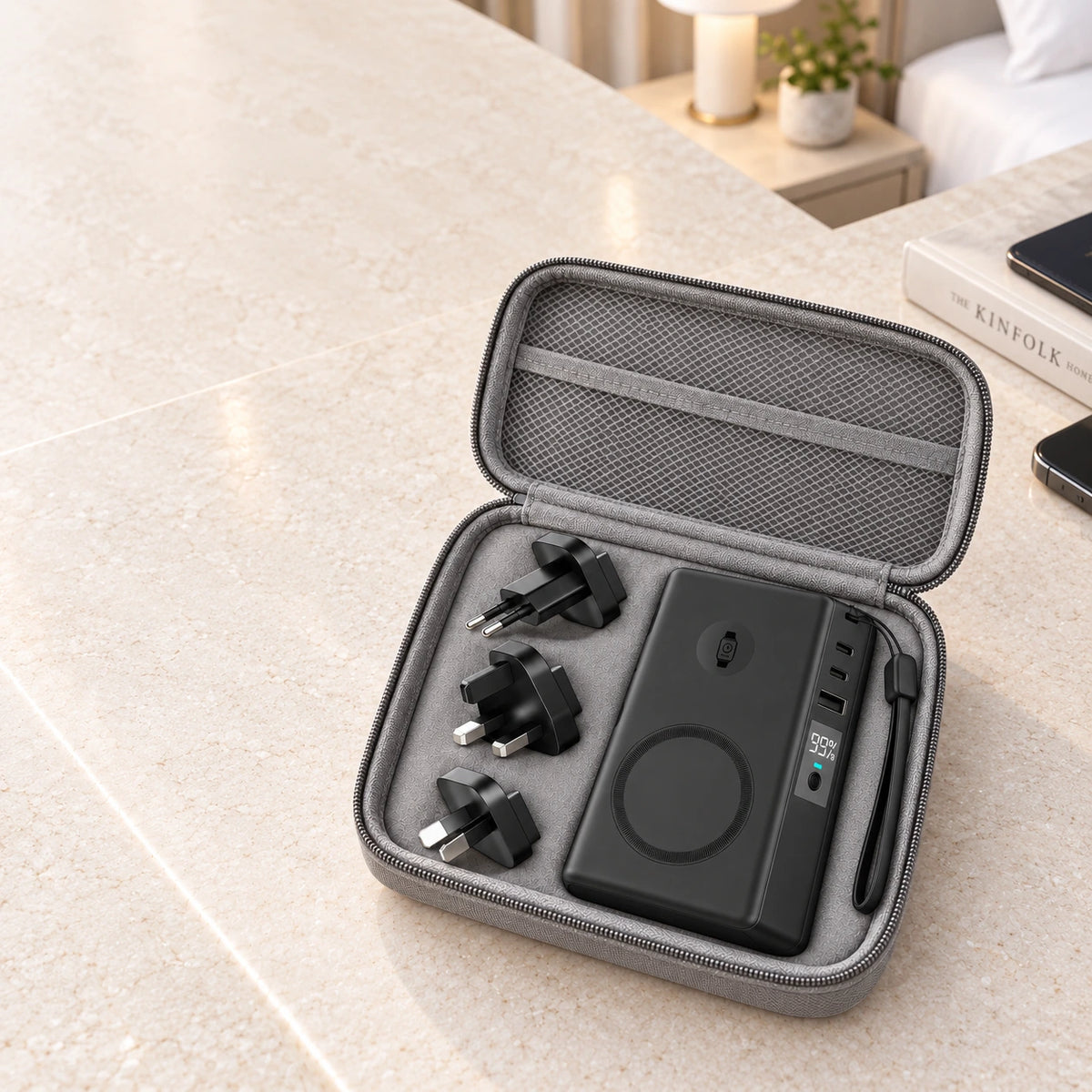 Black portable battery and its three travel plug adapters packed together.
