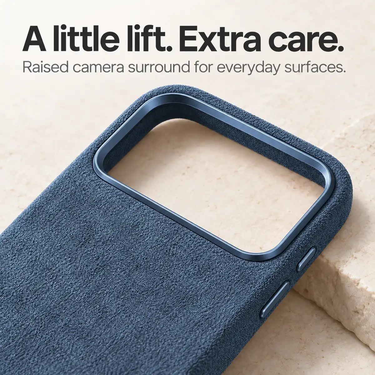Blue fabric phone case with a close view of the raised camera surround. #color_Deep Blue