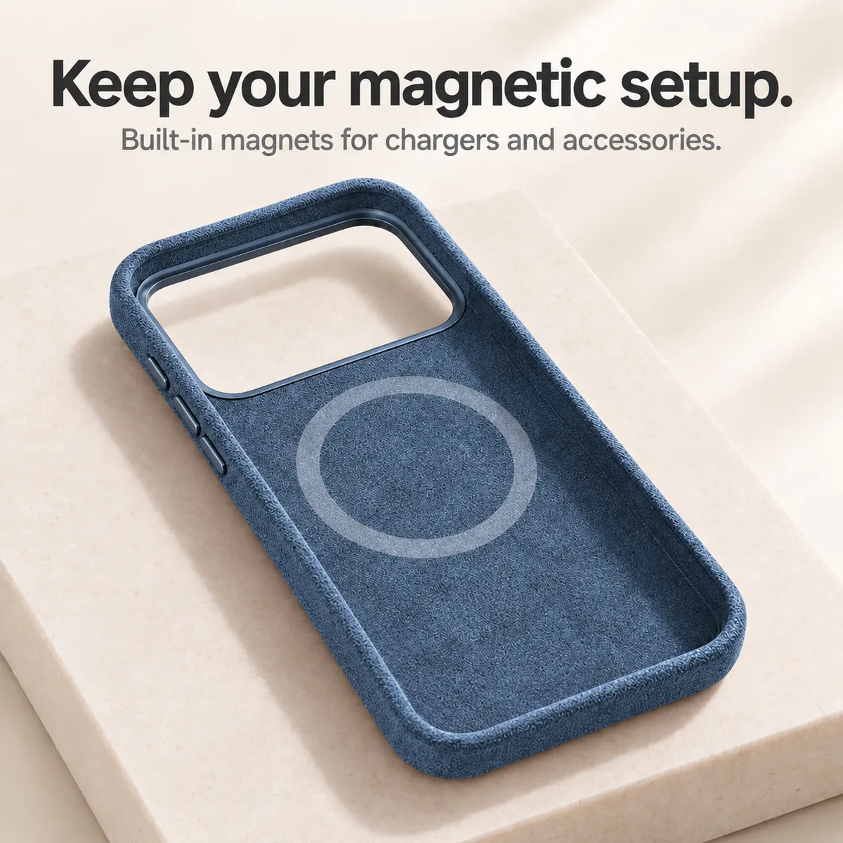 Blue fabric phone case interior showing the circular magnetic ring. #color_Deep Blue