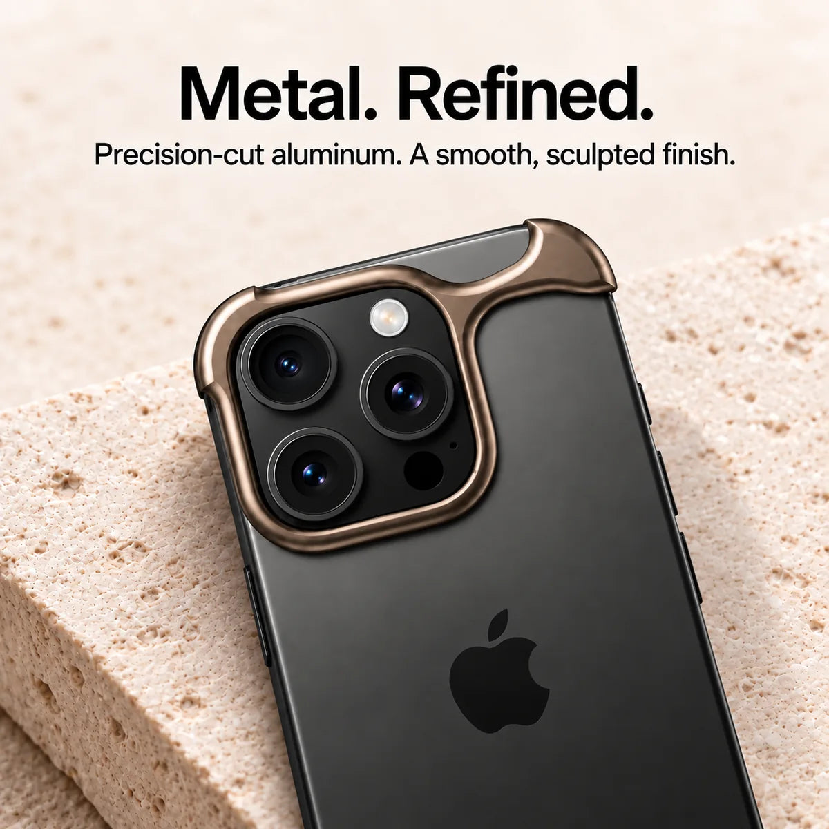 Bronze two-piece metal phone bumper with a sculpted aluminum finish #color_Bronze