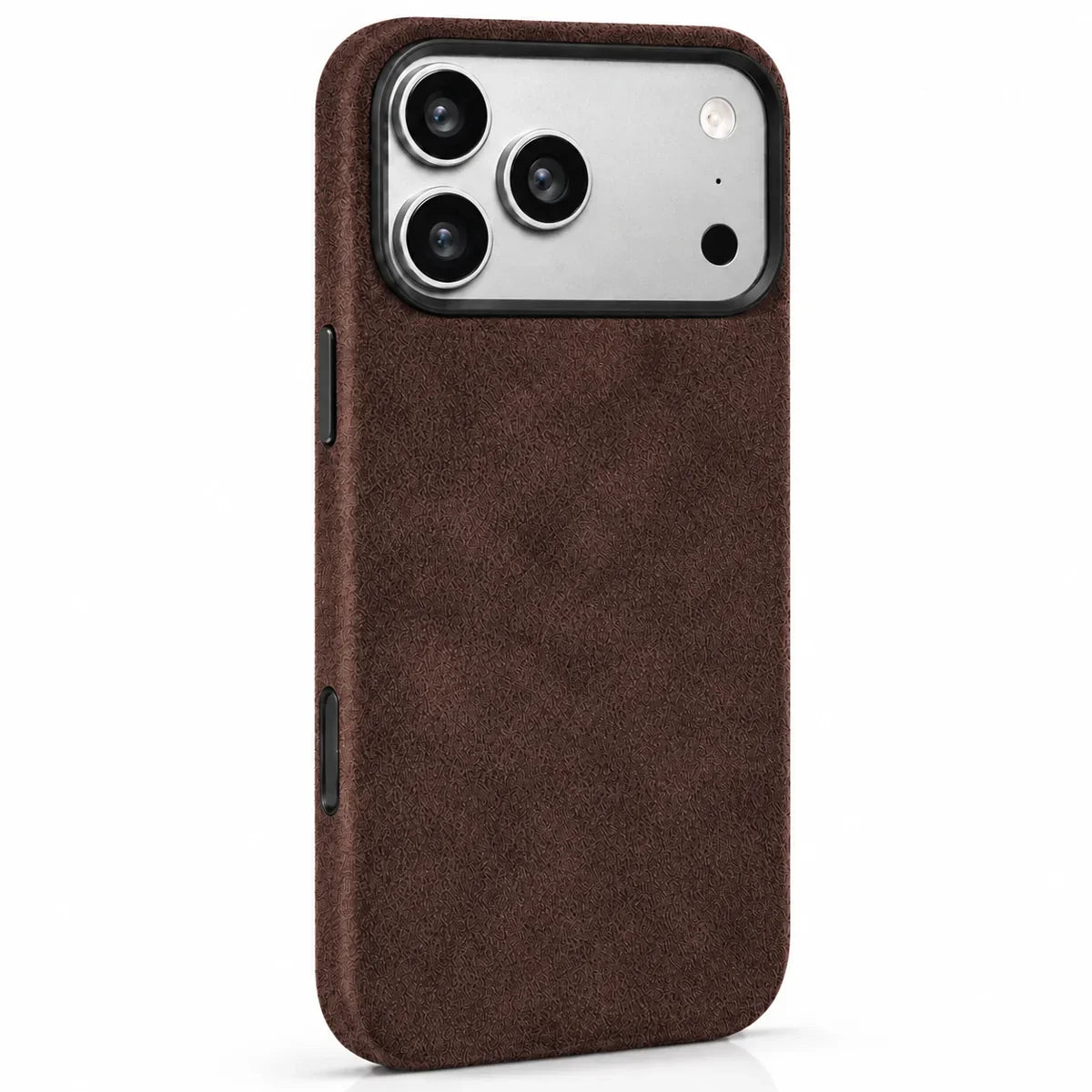 Brown fabric phone case with a silver camera surface and black camera rim. #color_Espresso Brown