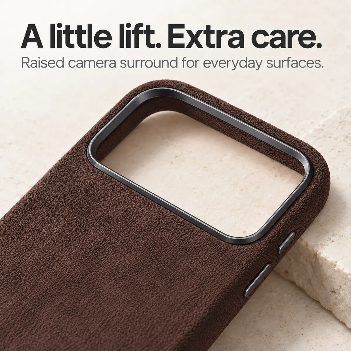 Brown fabric phone case with a close view of the raised camera surround. #color_Espresso Brown