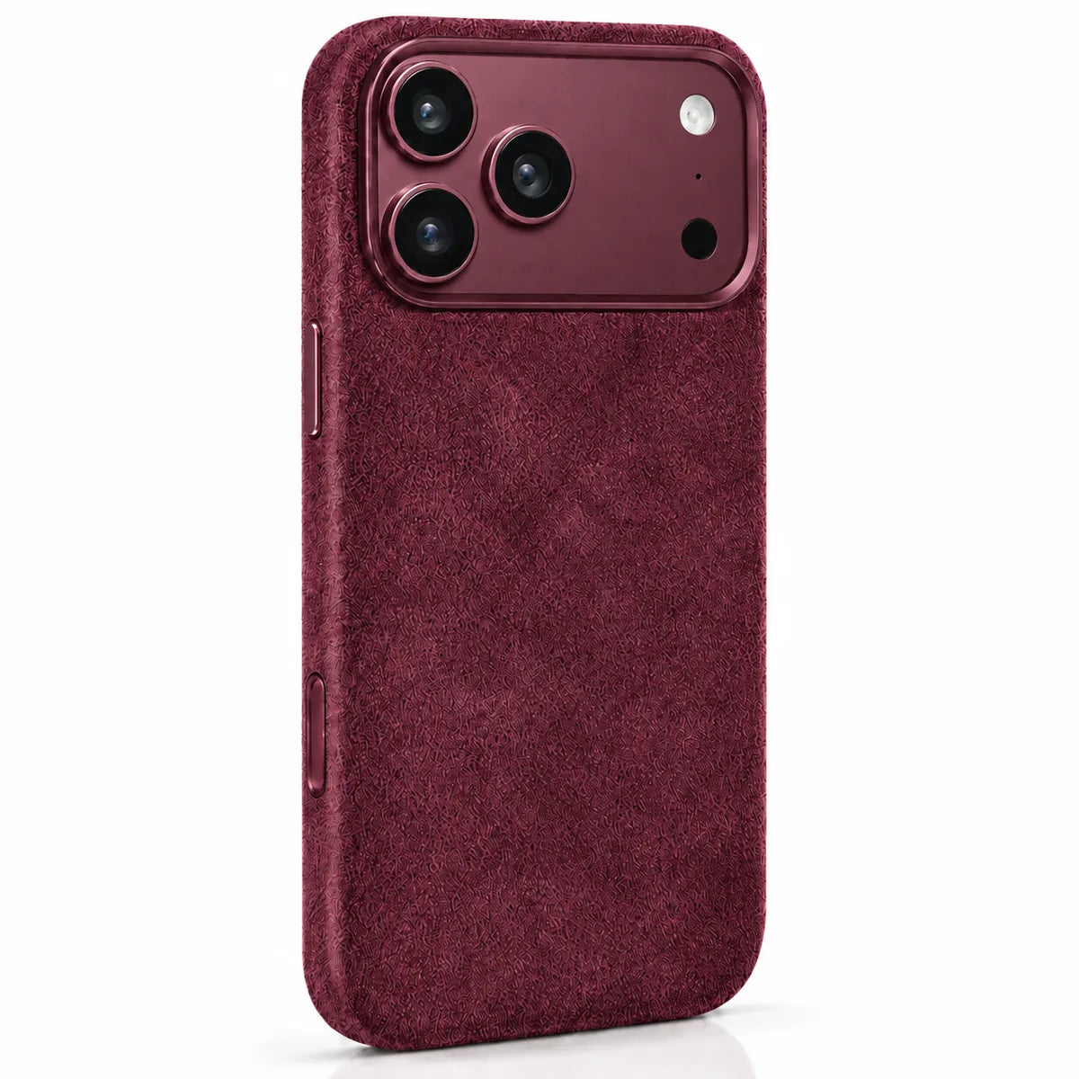 Burgundy fabric phone case in a slightly angled rear view, showing the side controls. #color_Burgundy