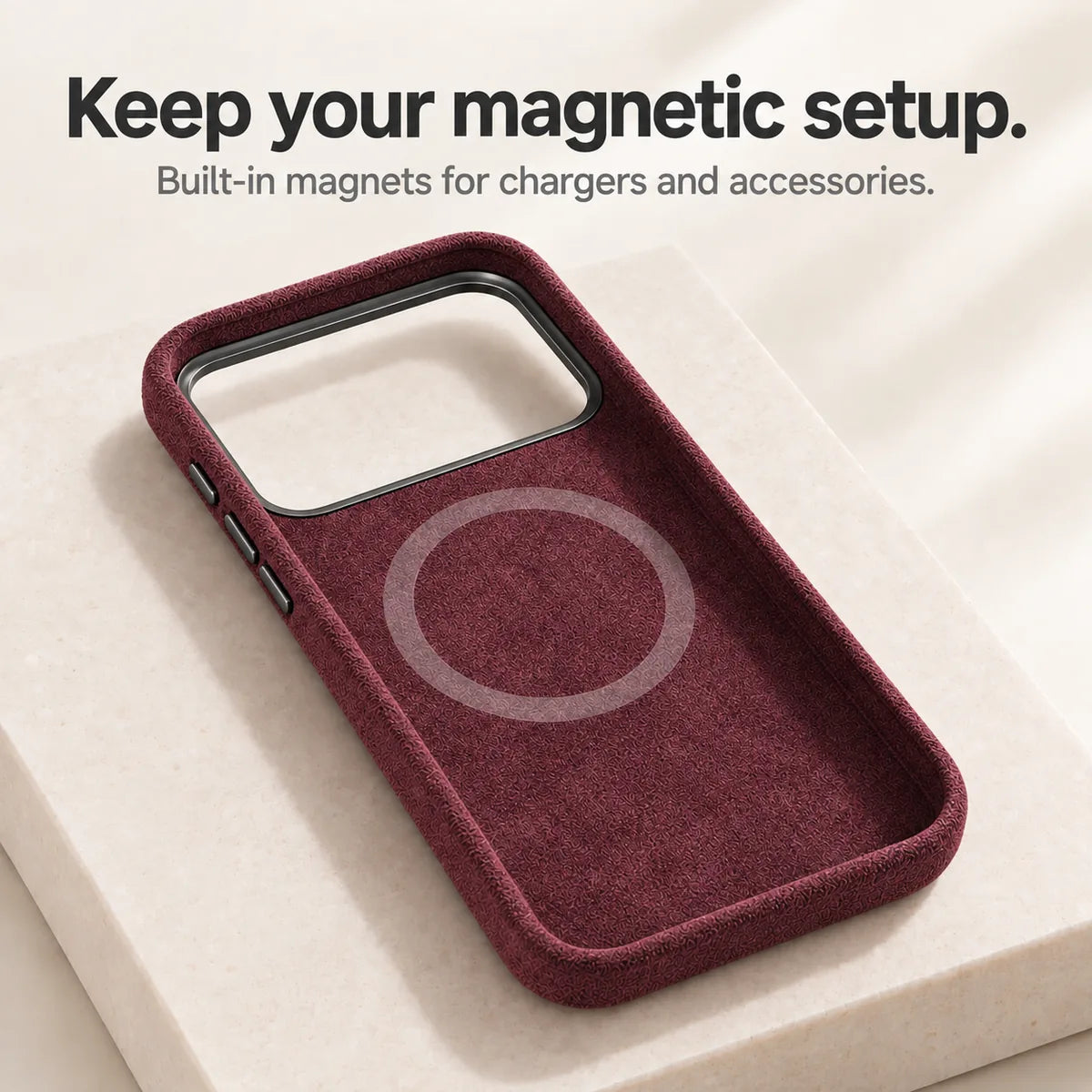Burgundy fabric phone case interior showing the circular magnetic ring. #color_Burgundy