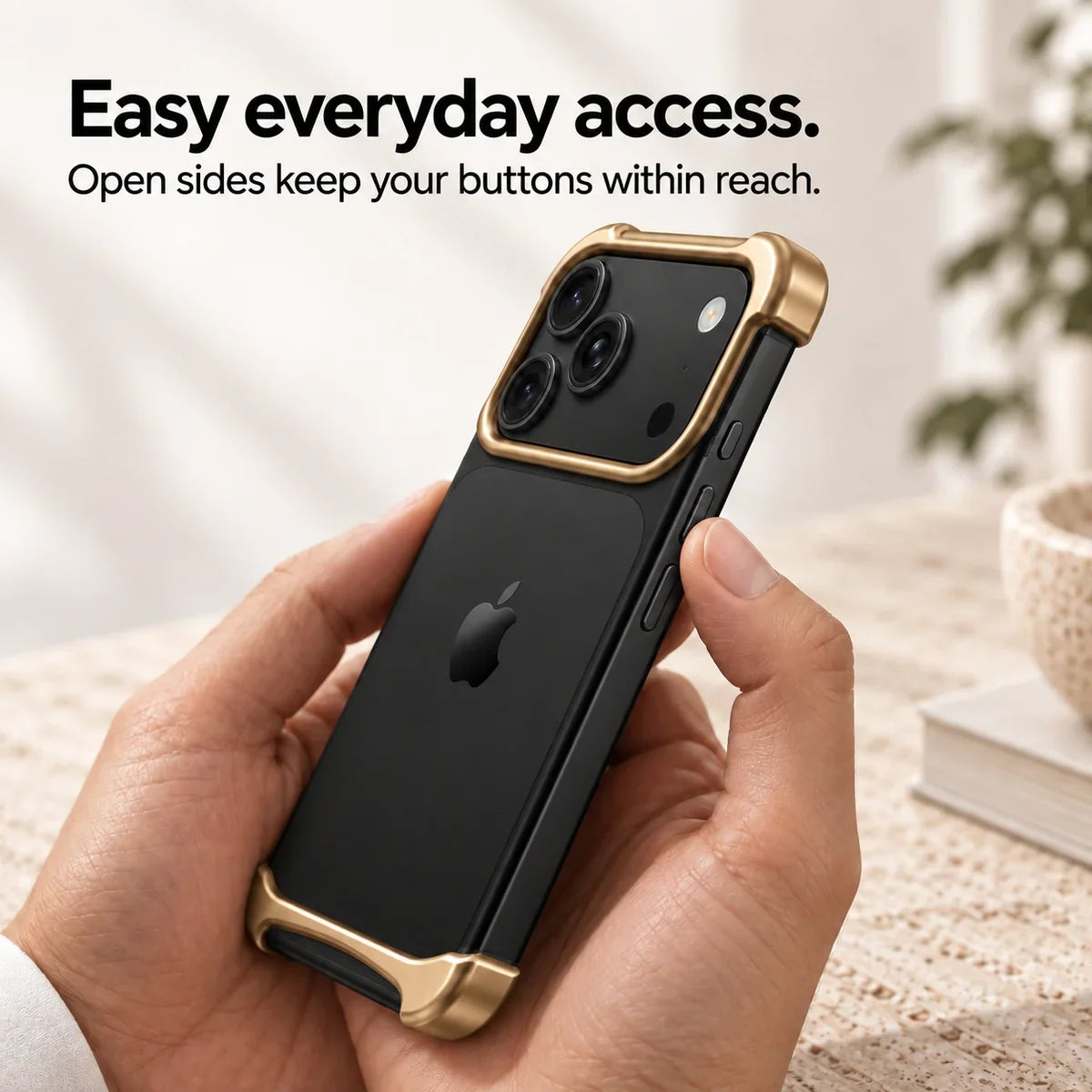Gold metal phone bumper held in hand showing access to the side buttons #color_Champagne Gold