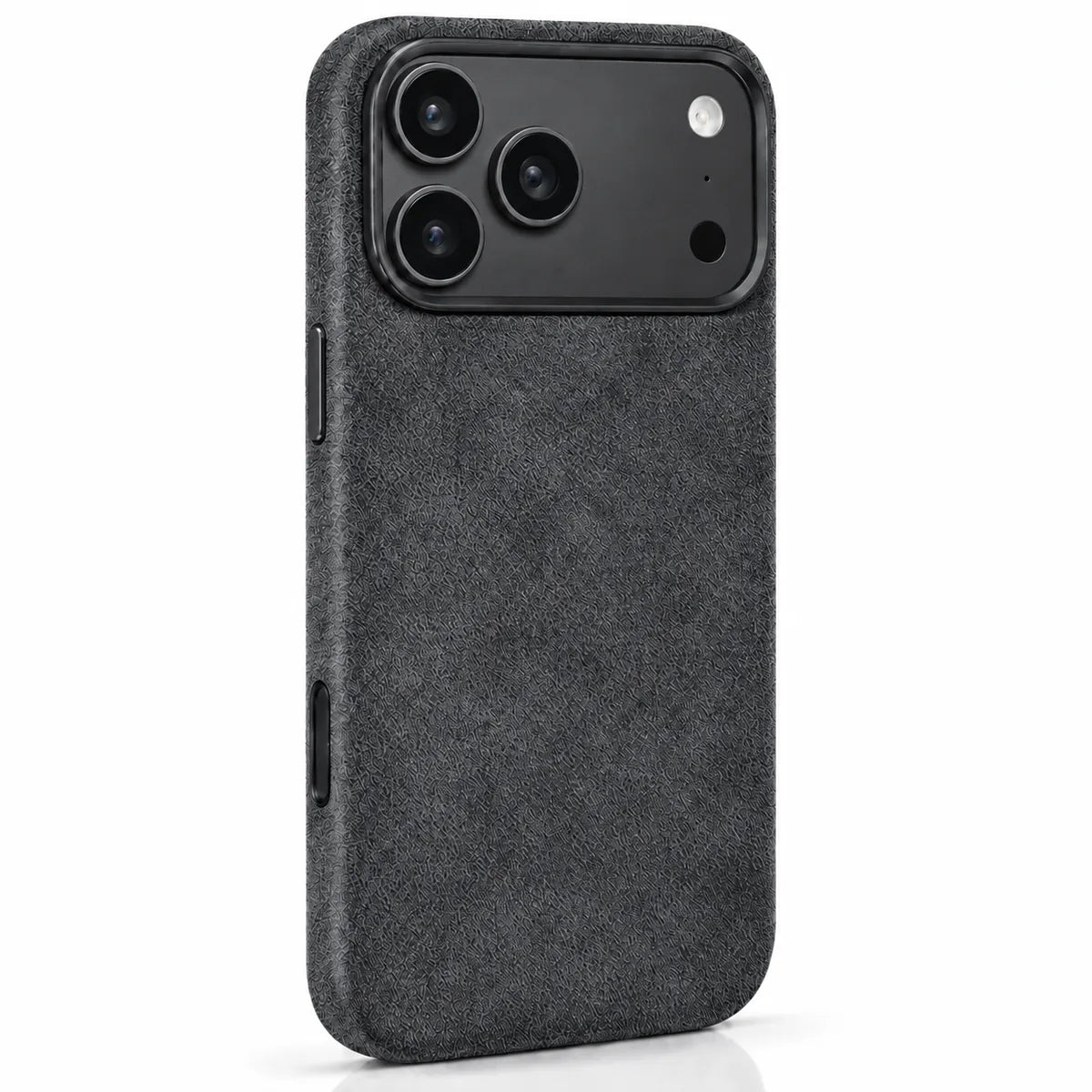 Dark gray fabric phone case in a slightly angled rear view, showing the side controls. #color_Charcoal Gray
