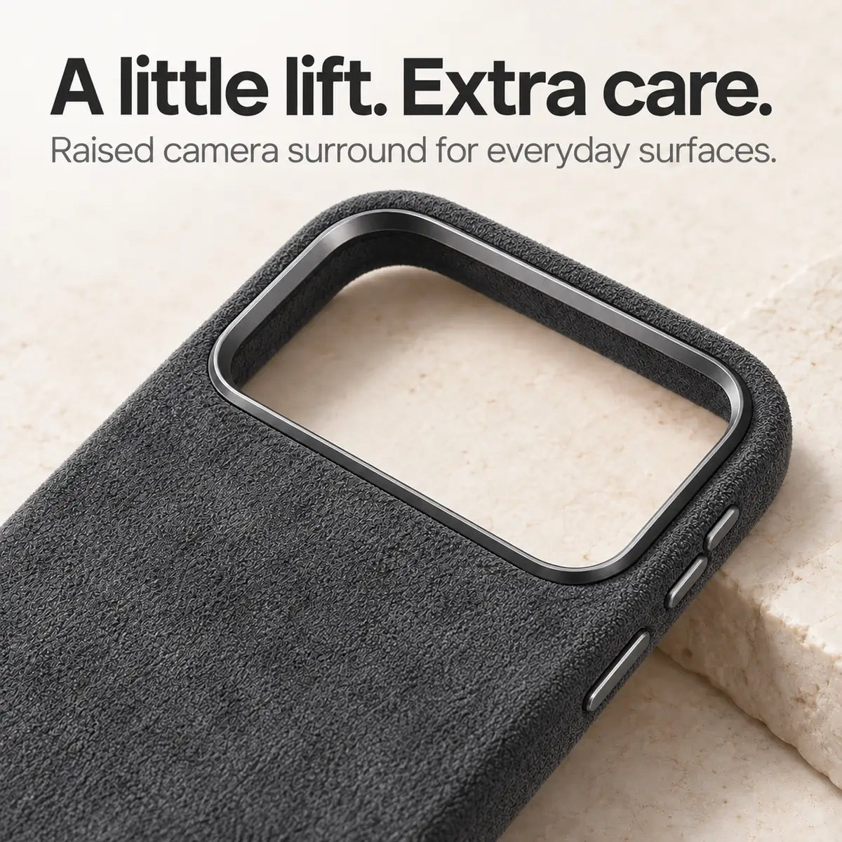 Dark gray fabric phone case with a close view of the raised camera surround. #color_Charcoal Gray