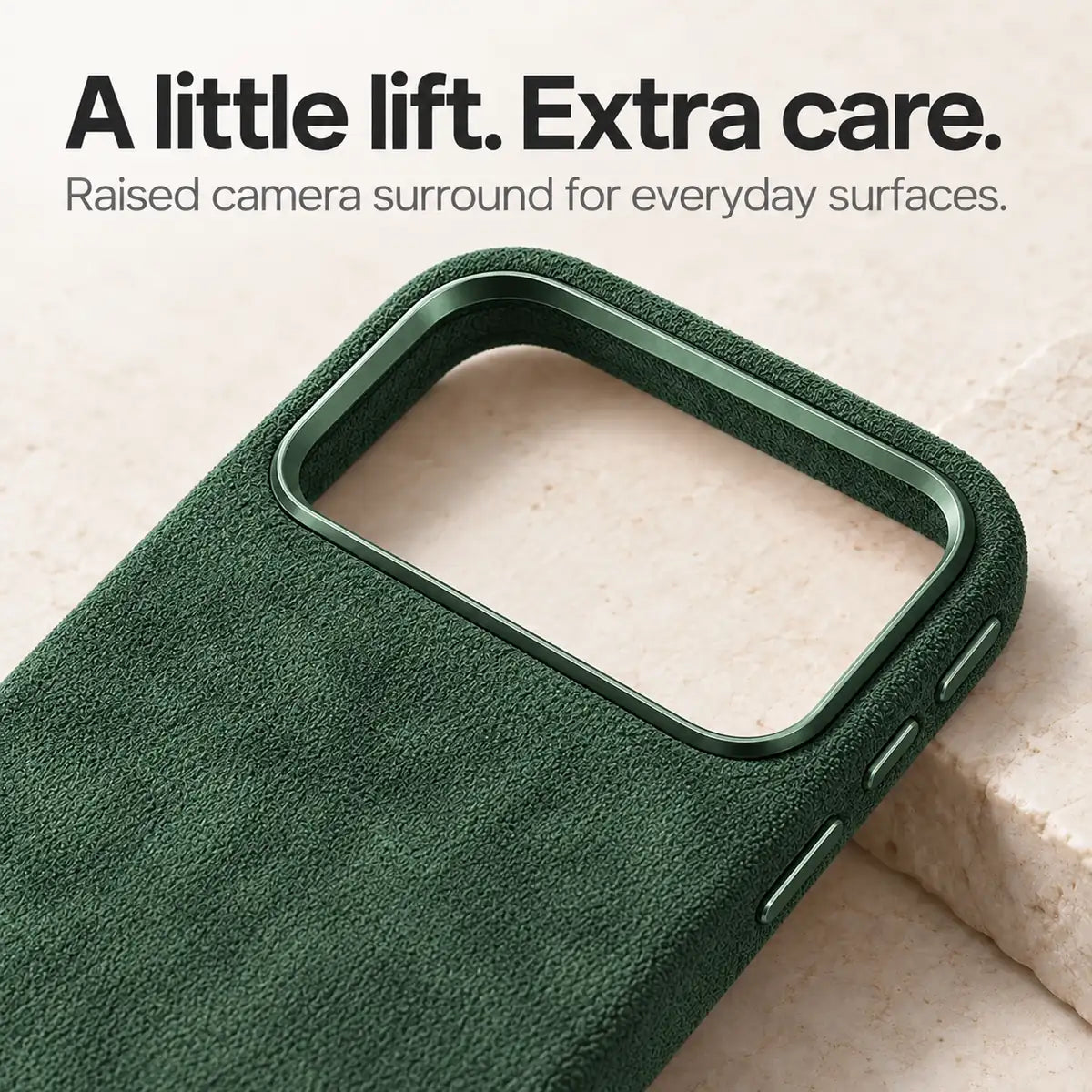 Dark green fabric phone case with a close view of the raised camera surround. #color_Forest Green