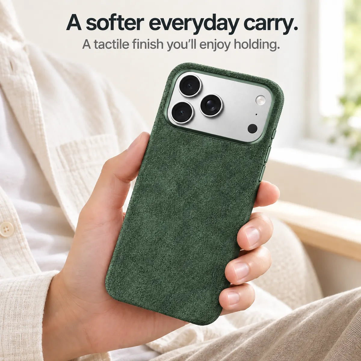 Dark green fabric phone case held in one hand, showing its textured back. #color_Forest Green