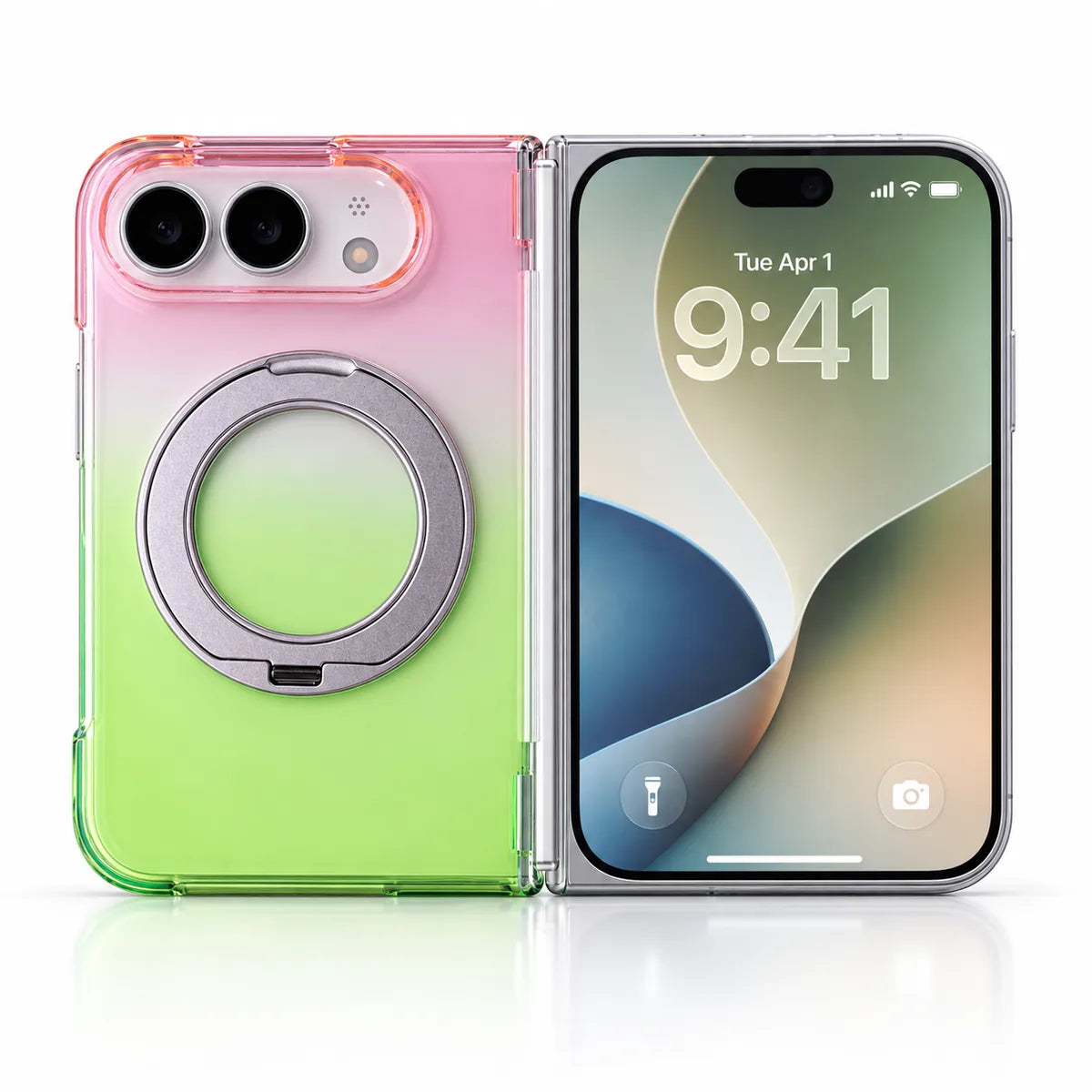 Pink and green gradient magnetic ring stand case on a silver folding phone, shown open with rear and outer display. #color_Aurora Bloom