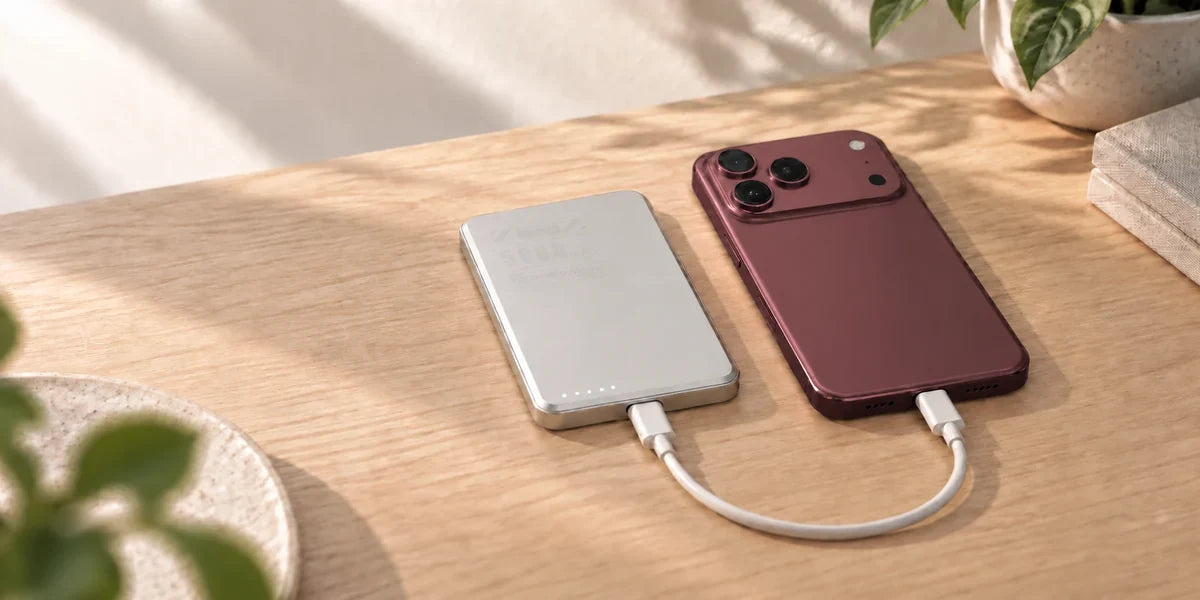 Gray 5000mAh portable power bank connected to an orange phone with a USB-C cable.