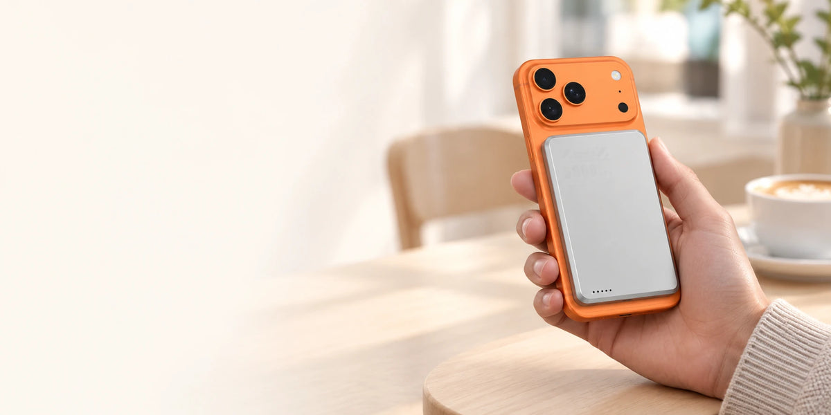 Thin light gray magnetic power bank attached straight and centered on the back of an orange phone held in a hand.