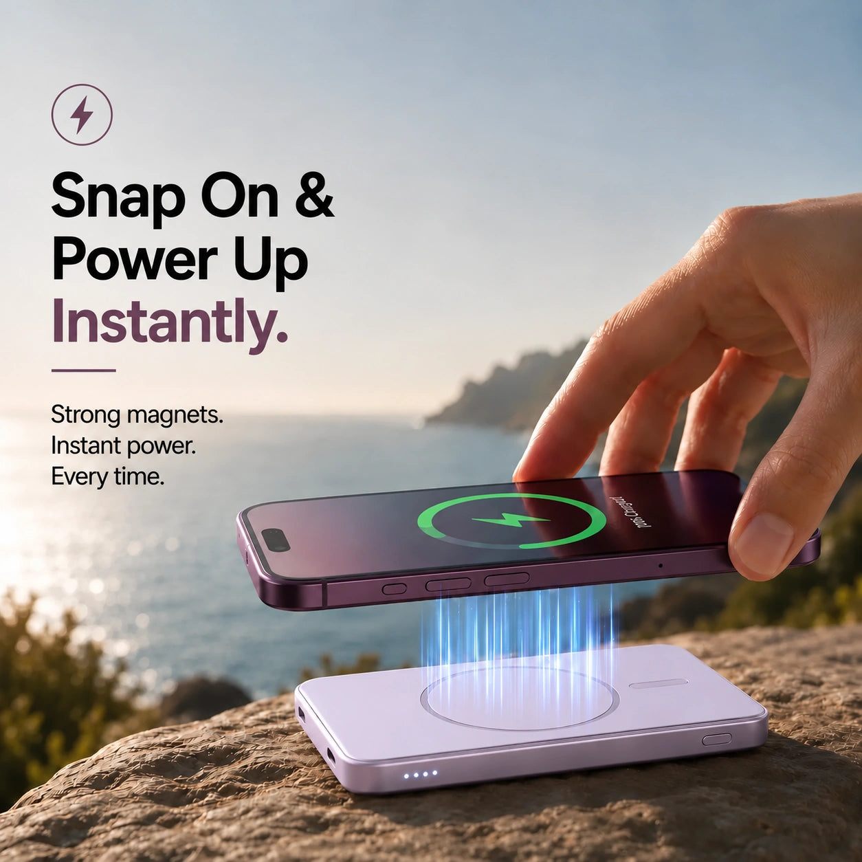Lavender slim magnetic power bank with magnetic charging alignment #color_Lavender