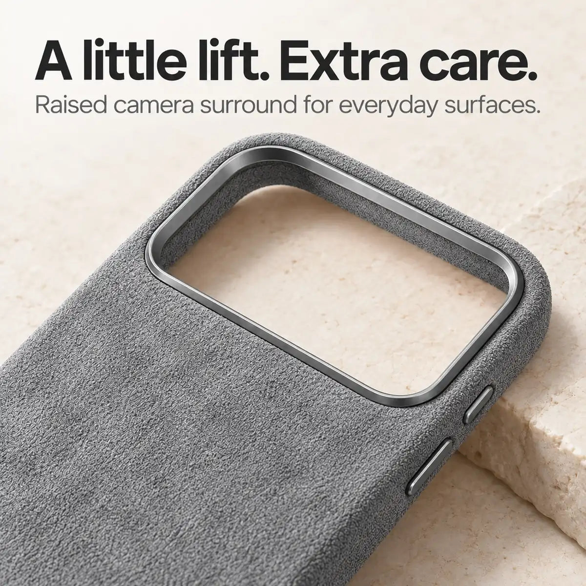 Light gray fabric phone case with a close view of the raised camera surround. #color_Mist Gray