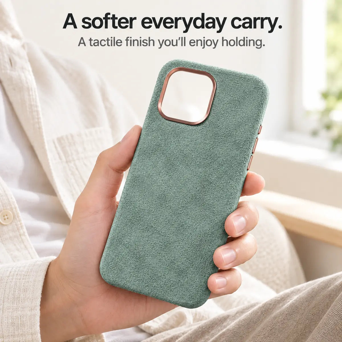 Light green fabric phone case held in one hand, showing its textured back. #color_Sage Green
