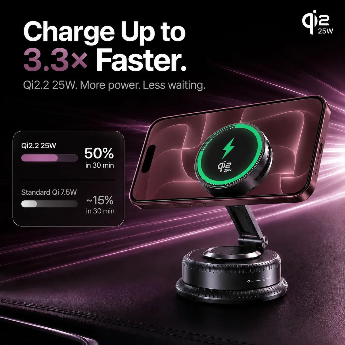 Fast wireless car charger for Burgundy iPhone with active cooling.