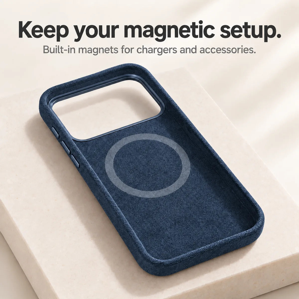 Navy blue fabric phone case interior showing the circular magnetic ring. #color_Navy Blue