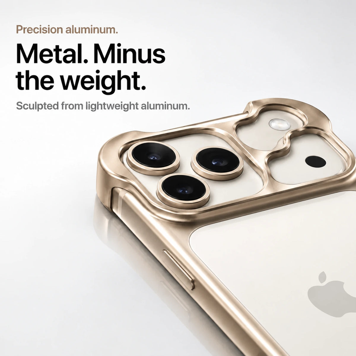 Sand gold sculpted metal phone case showing a close view of its sculpted camera guard #color_Desert Gold