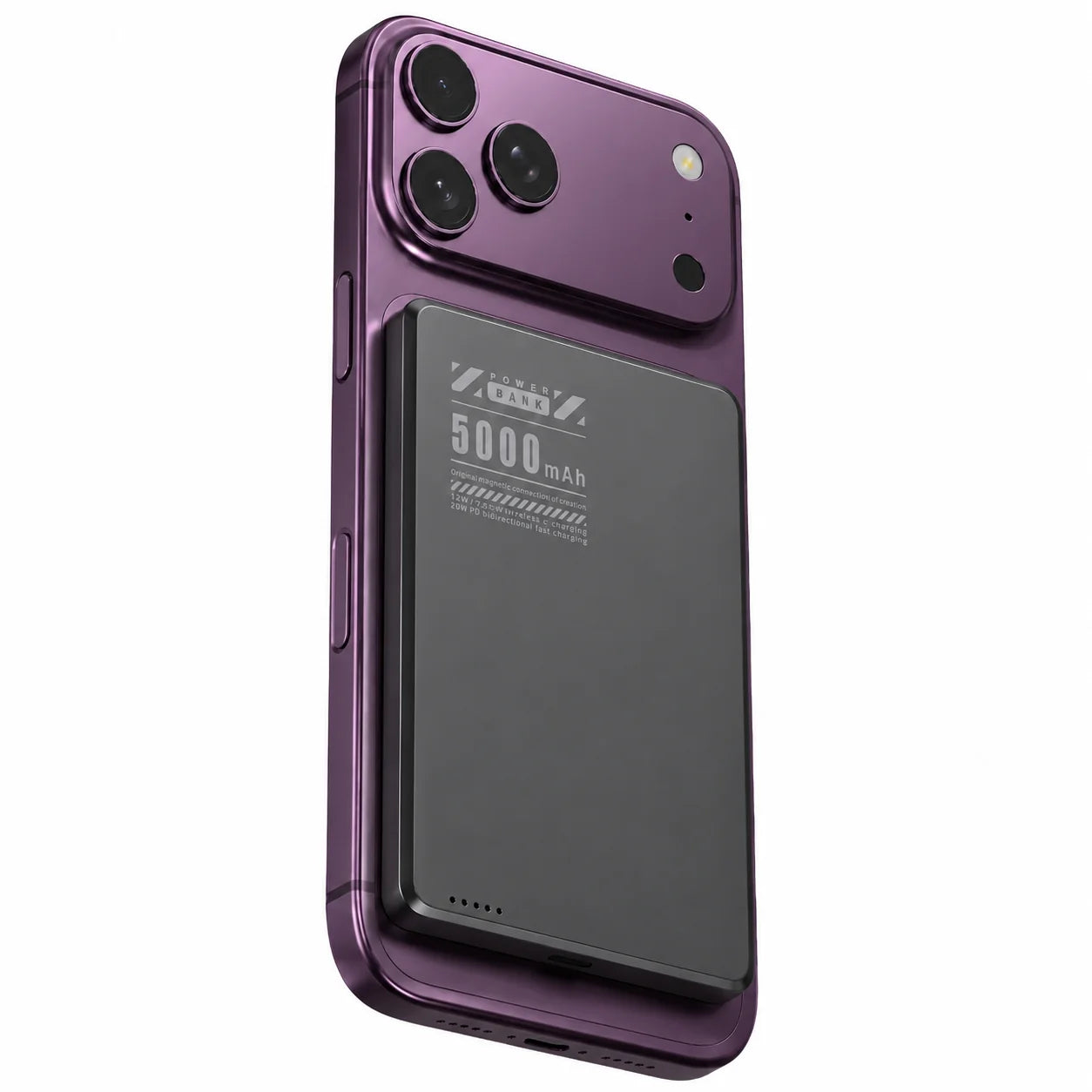Midnight Black slim magnetic power bank on a phone with a compact battery #color_Midnight Black