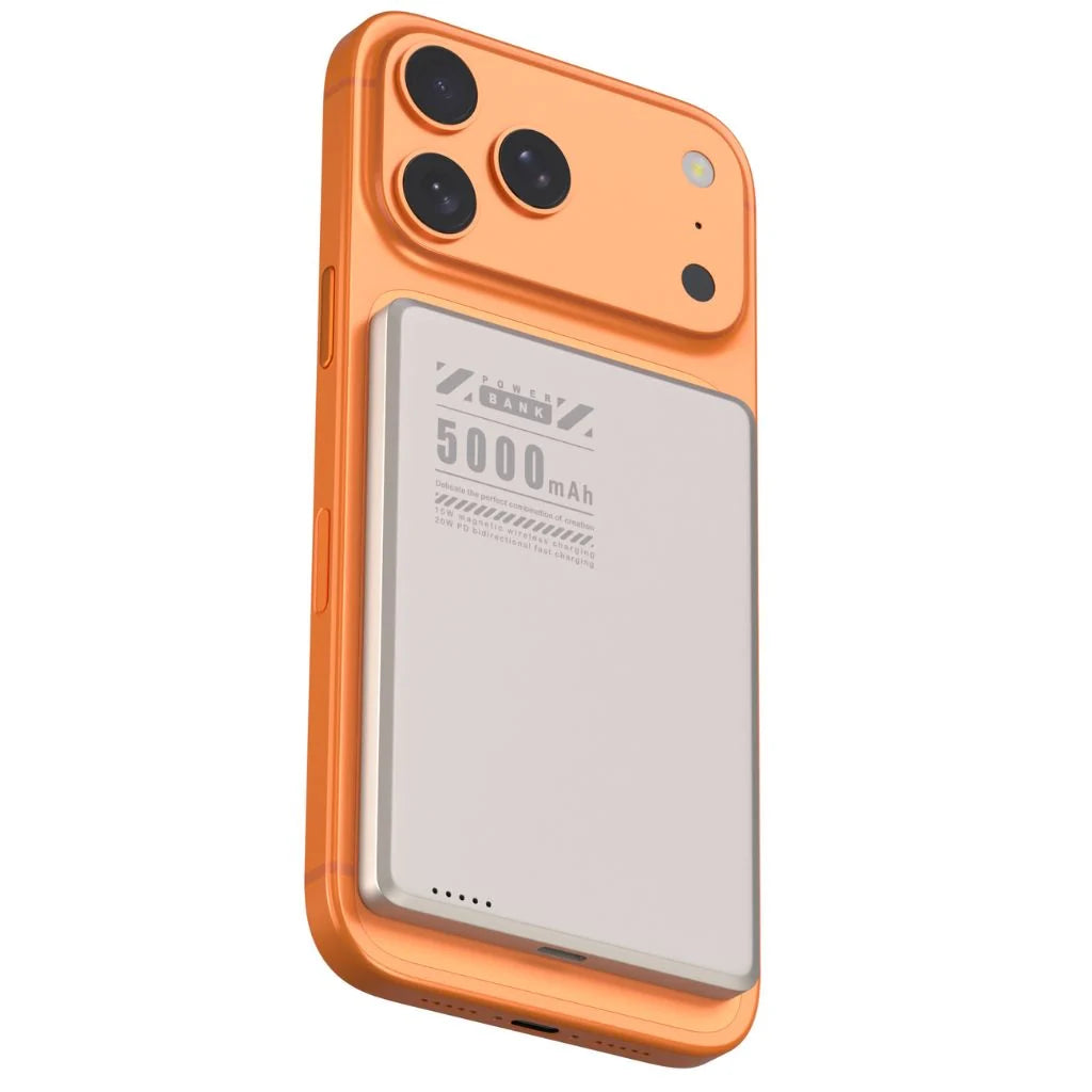 Titanium Stone Gray slim magnetic power bank on an orange phone with a compact battery #color_Titanium Stone Gray