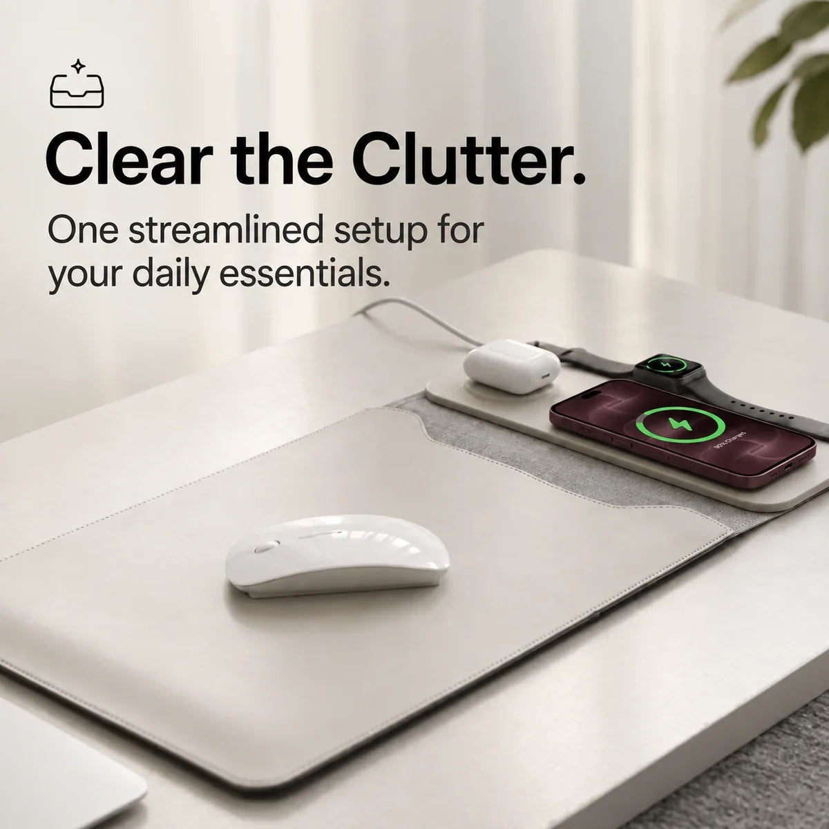 Cloud White wireless charging laptop sleeve organizing a desk surface. #color_Cloud White