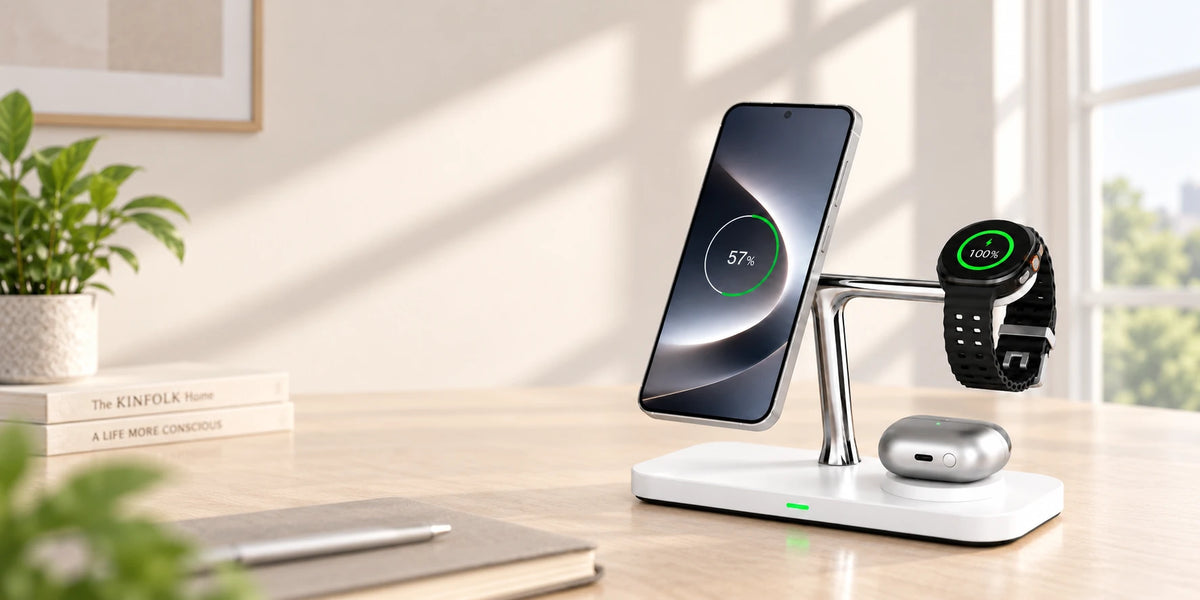 Close side view of a phone aligned against the dock's left charging pad.