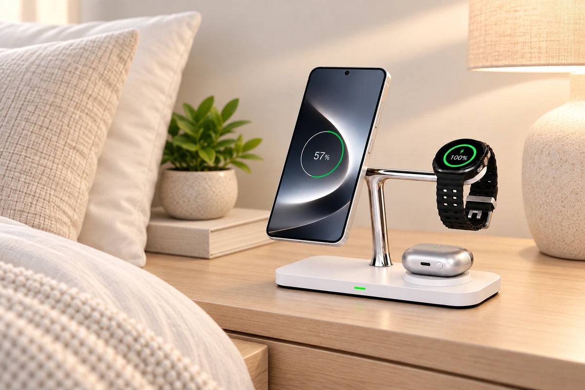 A white and chrome charging dock holding a phone, round watch and earbuds beside a bed.