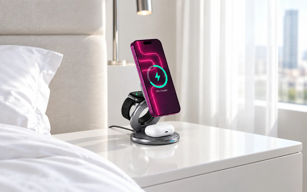Evolved foldable 3-in-1 travel chargers in open and folded positions