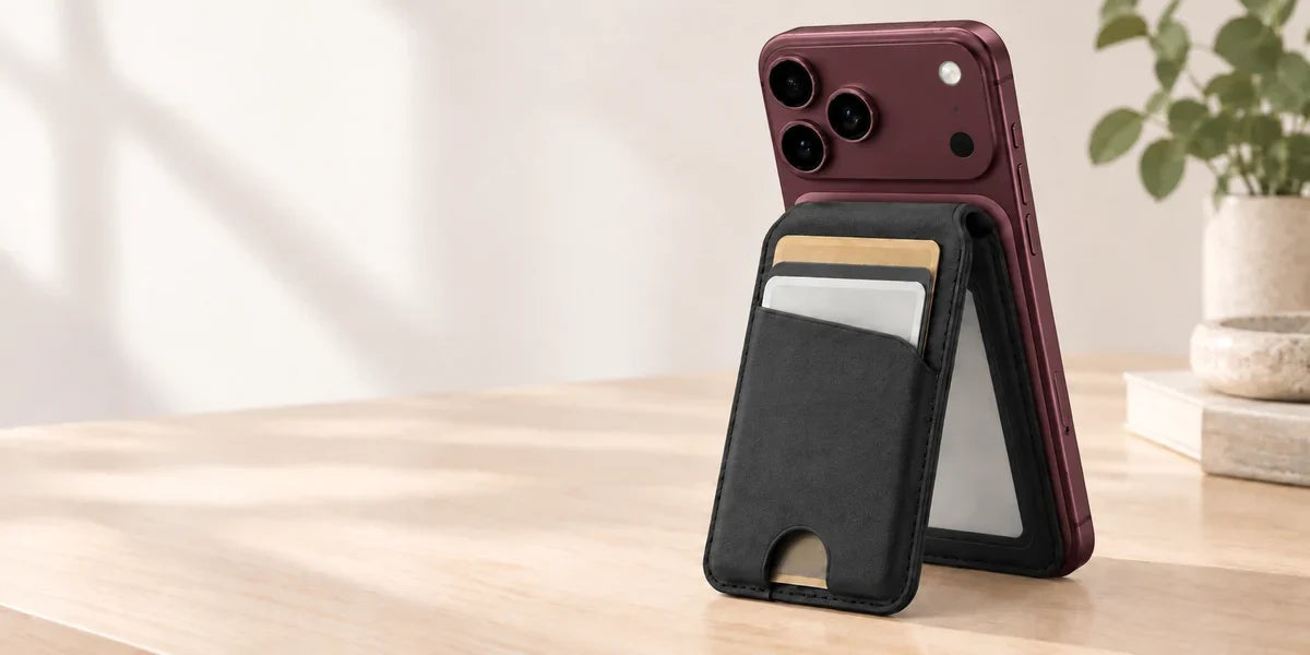 Black folding magnetic card wallet supporting a Burgundy iPhone on a cafe table.