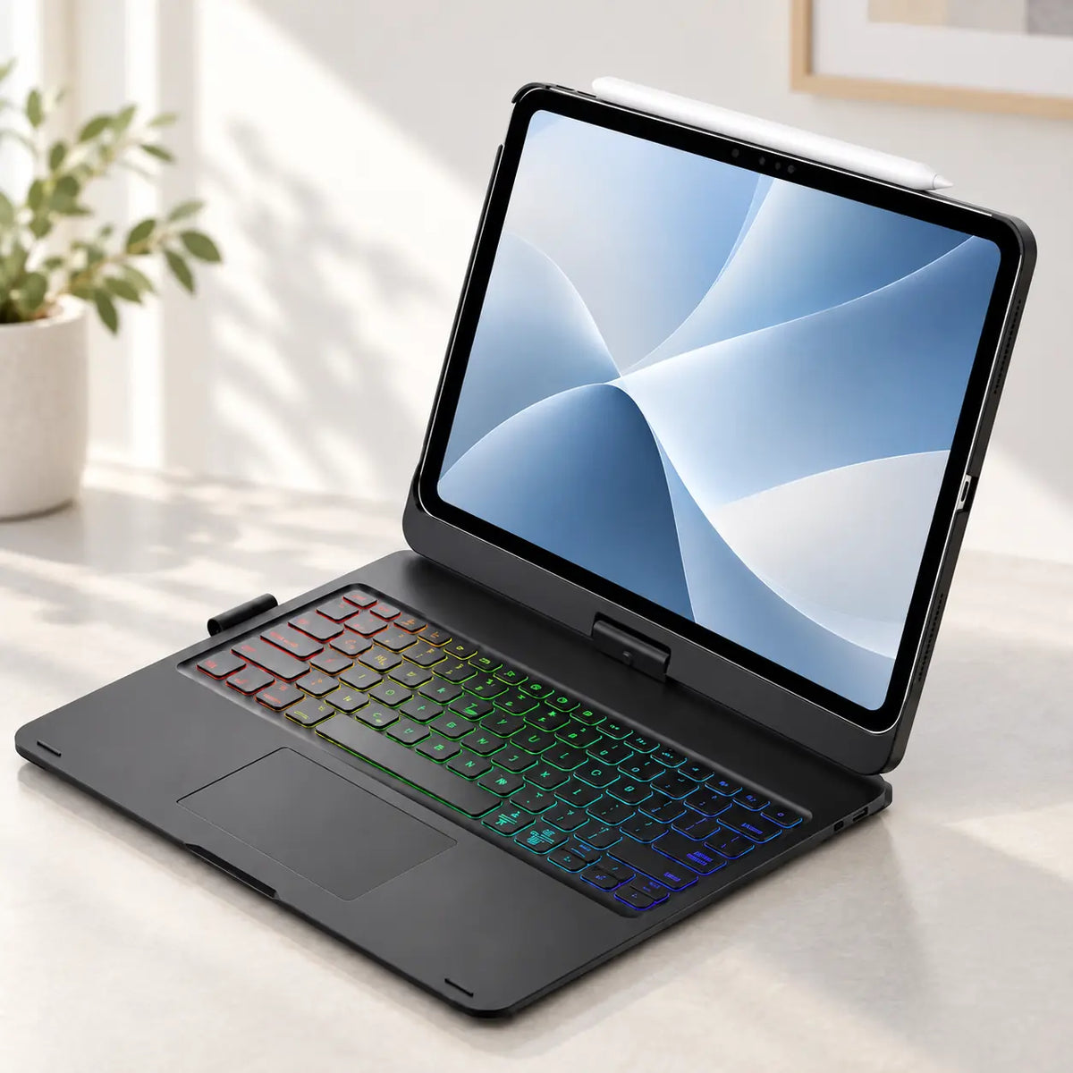 Black iPad keyboard case with backlit keys and trackpad on a bright desk