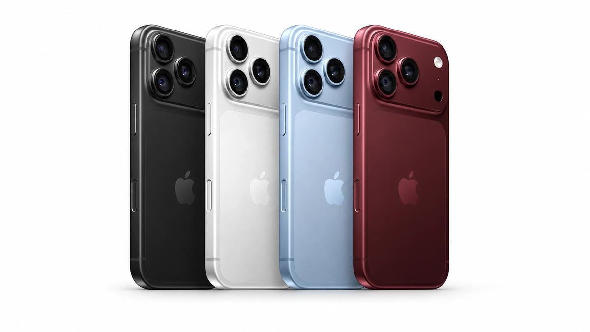 iPhone 18 Pro phones in Black, Silver, Glacier and Burgundy on a white background
