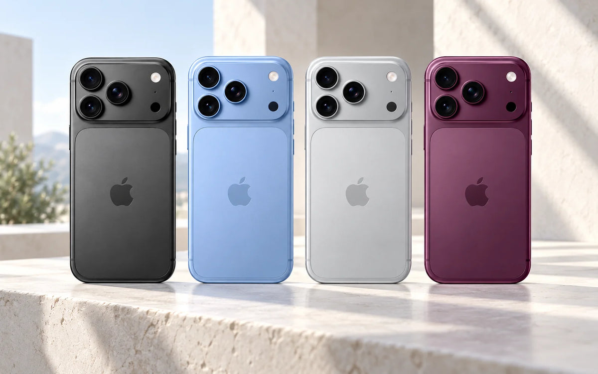 Concept illustration of rumored iPhone 18 Pro finishes in graphite, light blue, silver and dark cherry.