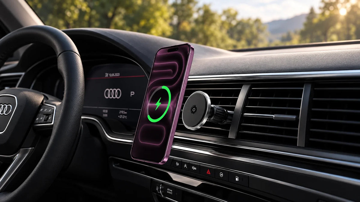 iPhone beside a circular magnetic wireless car charger attached to an air vent