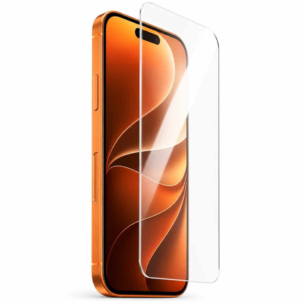 Clear tempered glass screen protector aligned above an orange iPhone on a white background