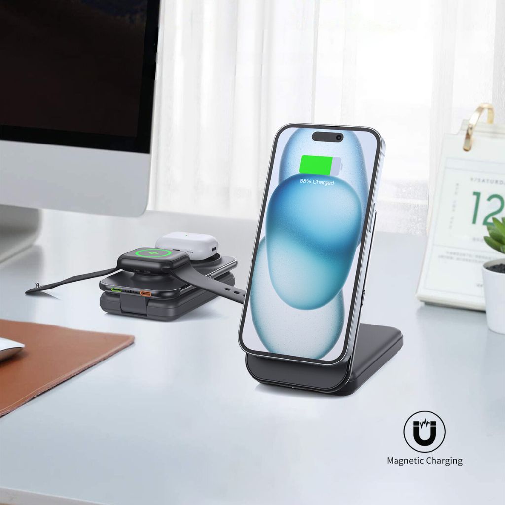 3-in-1 Magnetic Wireless Charger Qi2 MagSafe Power Bank for iPhone 16 Pro Max, Apple Watch Ultra, and AirPods Pro. Fast Charging 8000mAh Portable Charger for Multiple Devices.