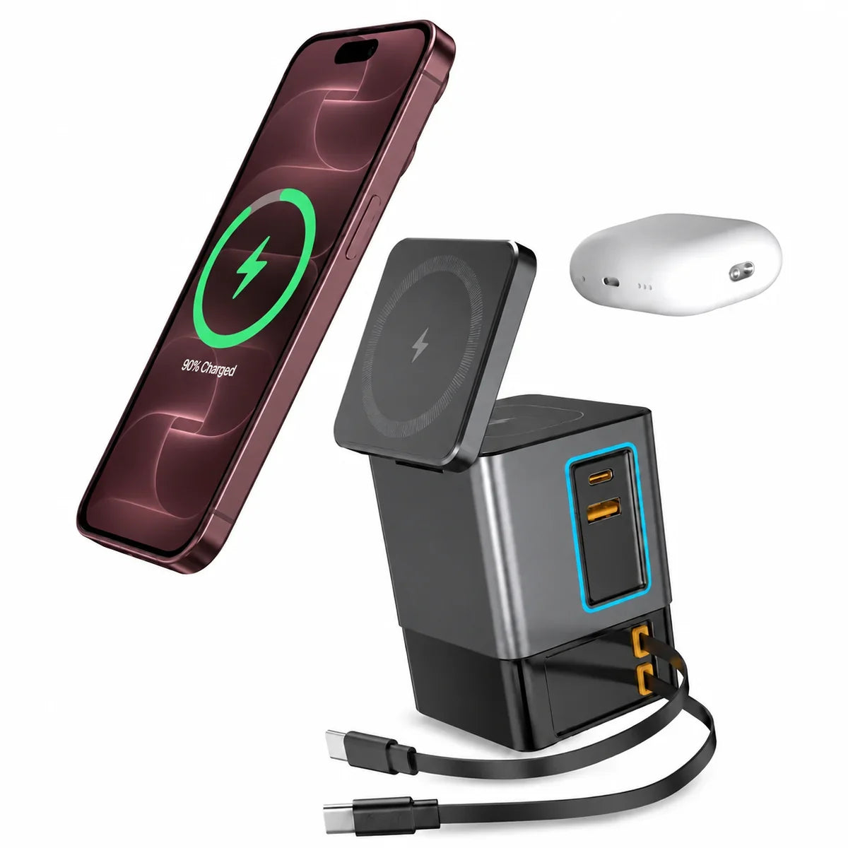 6-in-1 MagSafe charging station for Burgundy iPhone, laptop, tablet and earbuds.