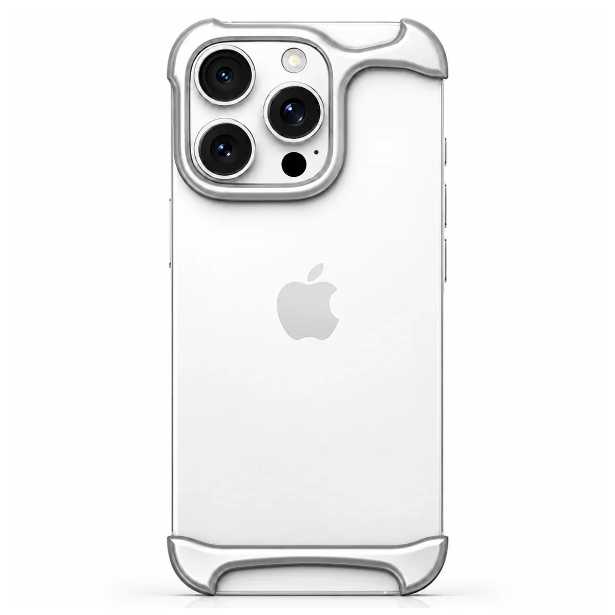 Silver two-piece metal phone bumper with exposed phone back on a white background #color_Titanium Silver