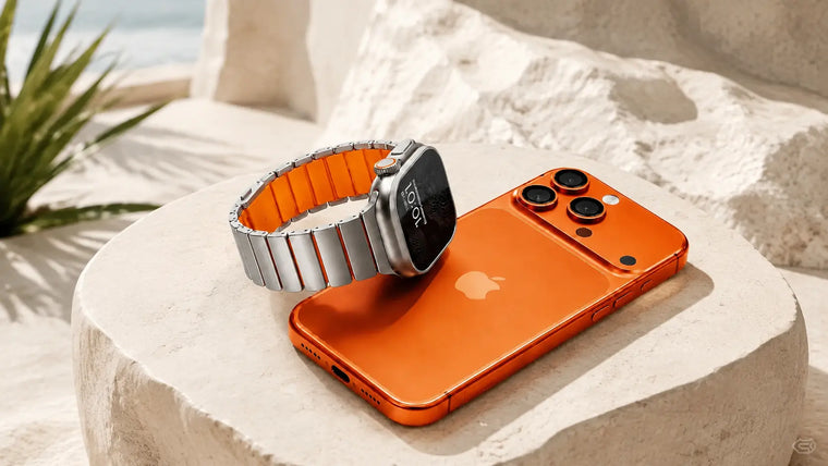 Titanium Apple Watch Ultra band with Cosmic Orange inner lining