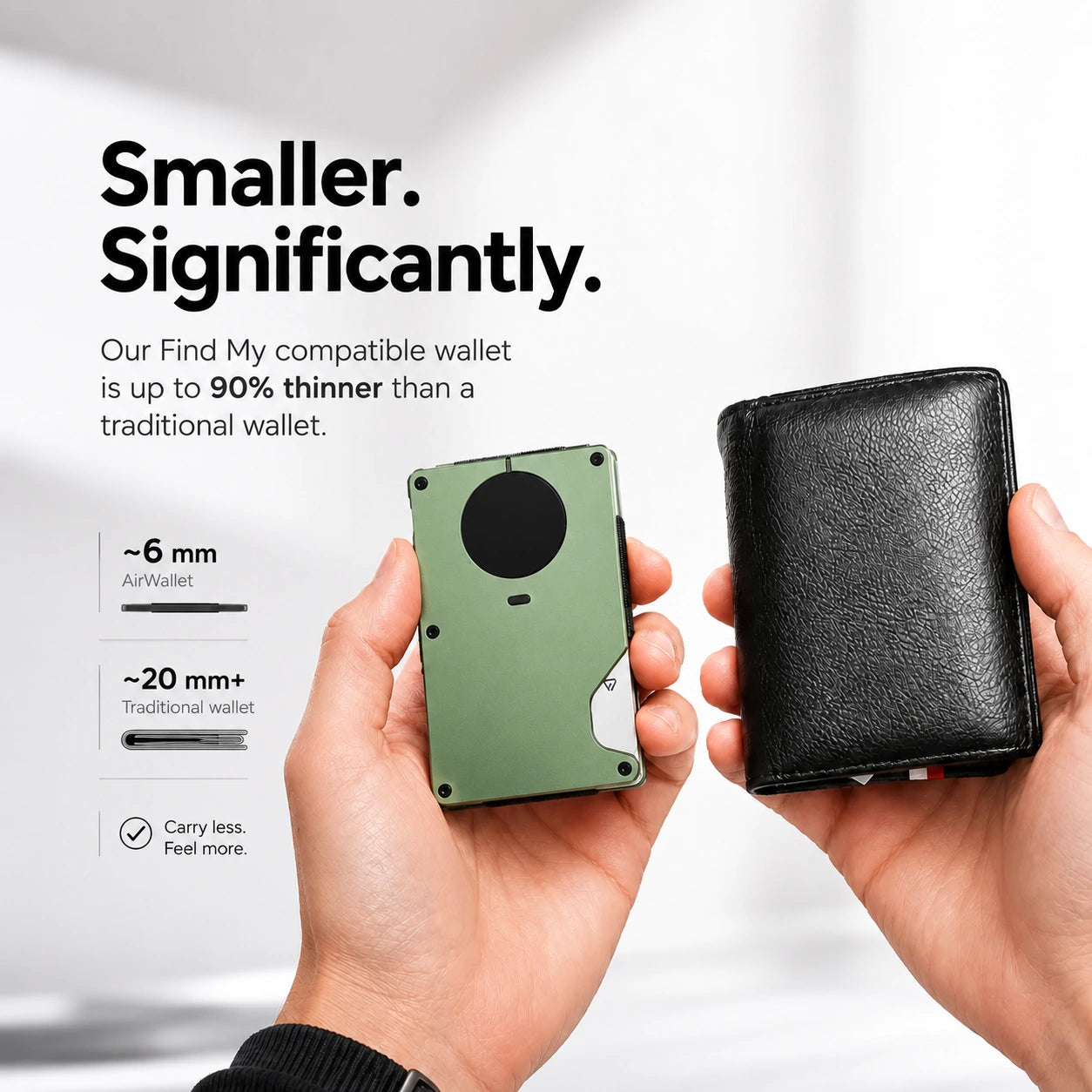 Arctic Green slim tracking card wallet compared with a traditional wallet #color_Arctic Green