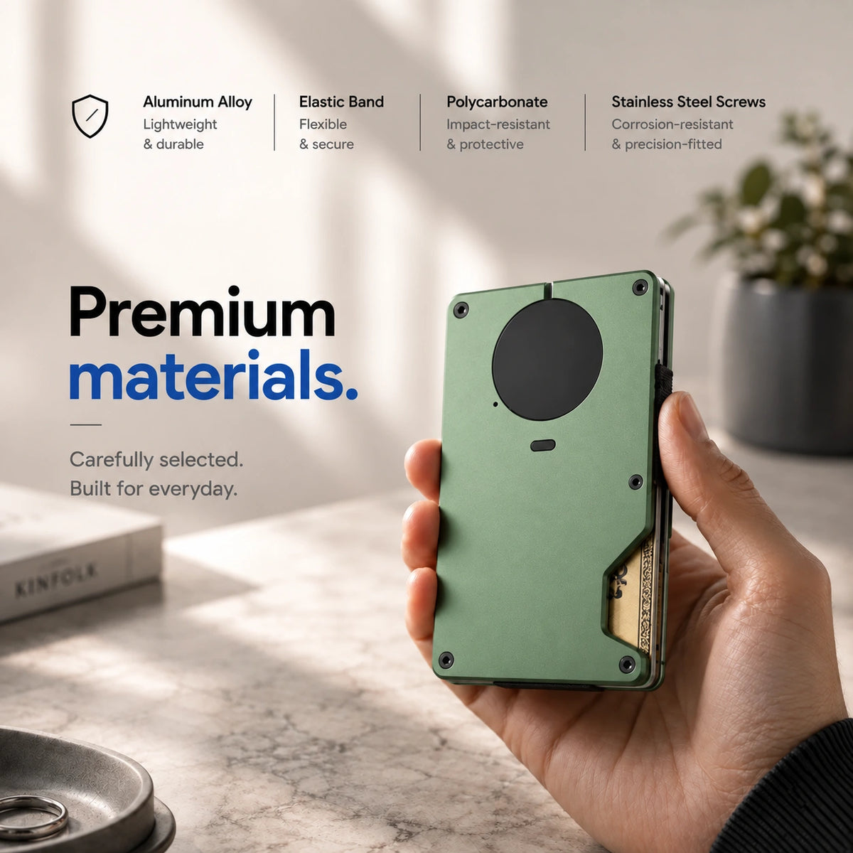 Arctic Green slim tracking card wallet showing its materials #color_Arctic Green