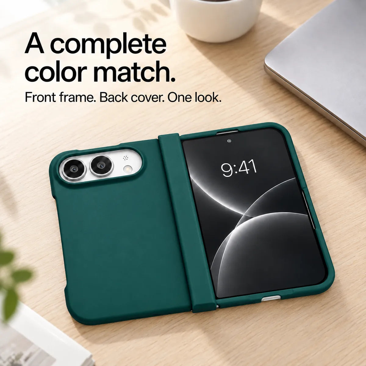 Army Green matte iPhone Ultra case open flat on a desk, showing coordinated front and back covers. #color_Alpine Green