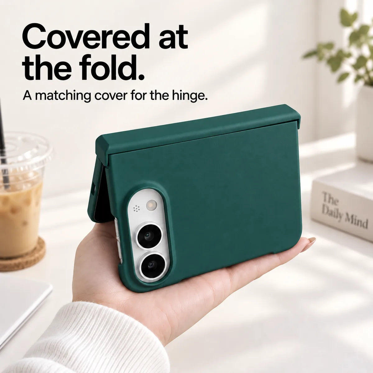 Army Green iPhone Ultra case held partly folded, showing the matching cover along the hinge. #color_Alpine Green