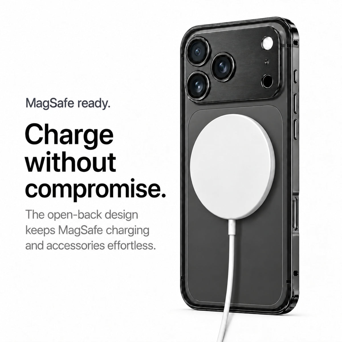 Black aluminum frame phone case with a white wireless charging puck #color_Midnight Black