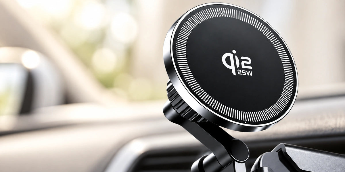 Close-up of the black Qi2 25W magnetic charging face and silver rim in a bright car interior.