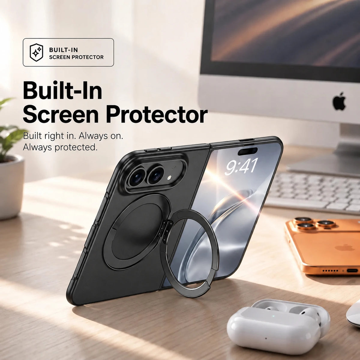 Black folding phone case shown from front and rear with its built-in screen protector #color_Midnight Black